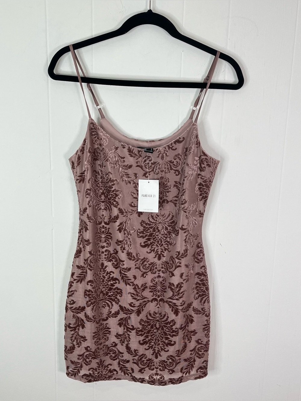 NWT Forever 21 Flocked Damask Slip Mini Dress Women’s Small Mauve Brown Y2K